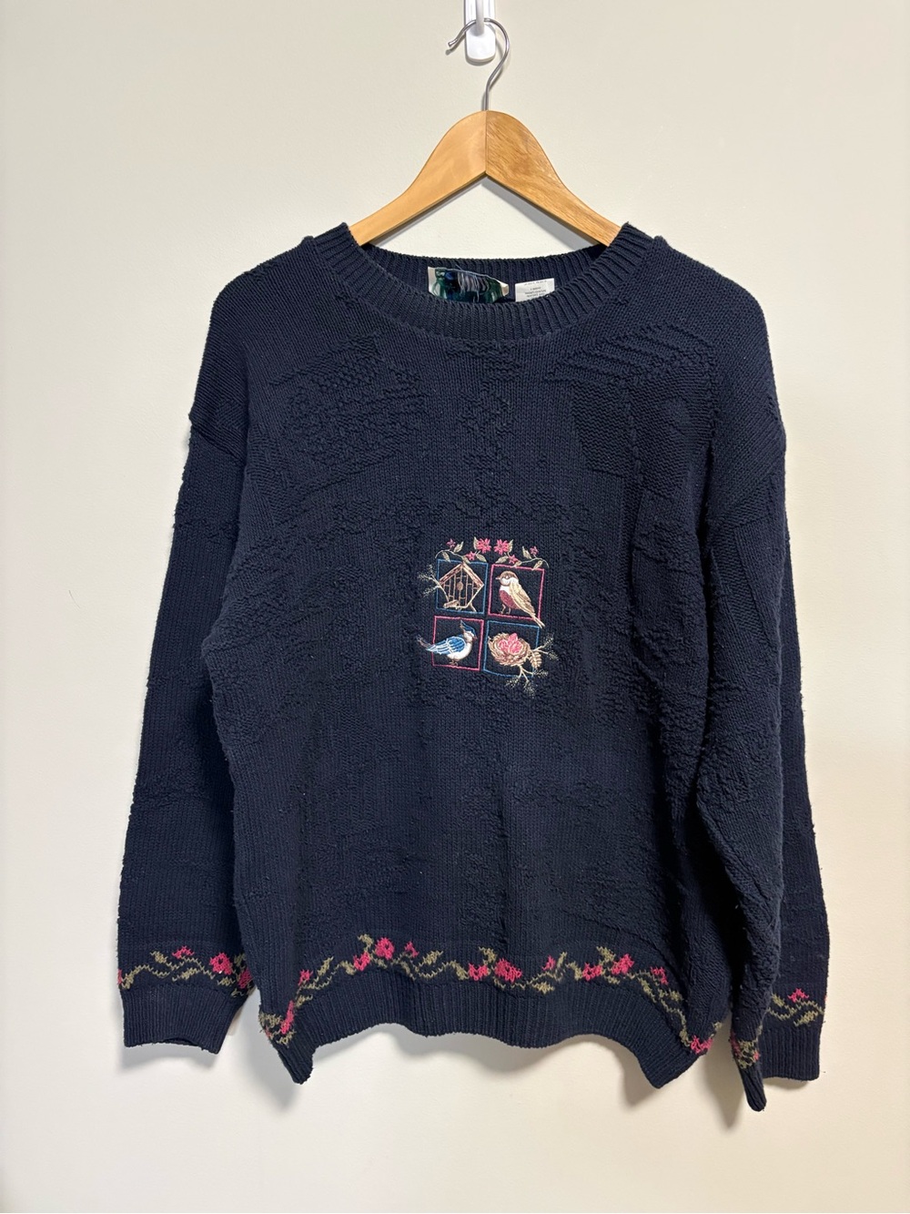 Vintage Northern Reflections Knitted Bird Floral Sweater Navy Blue Size M